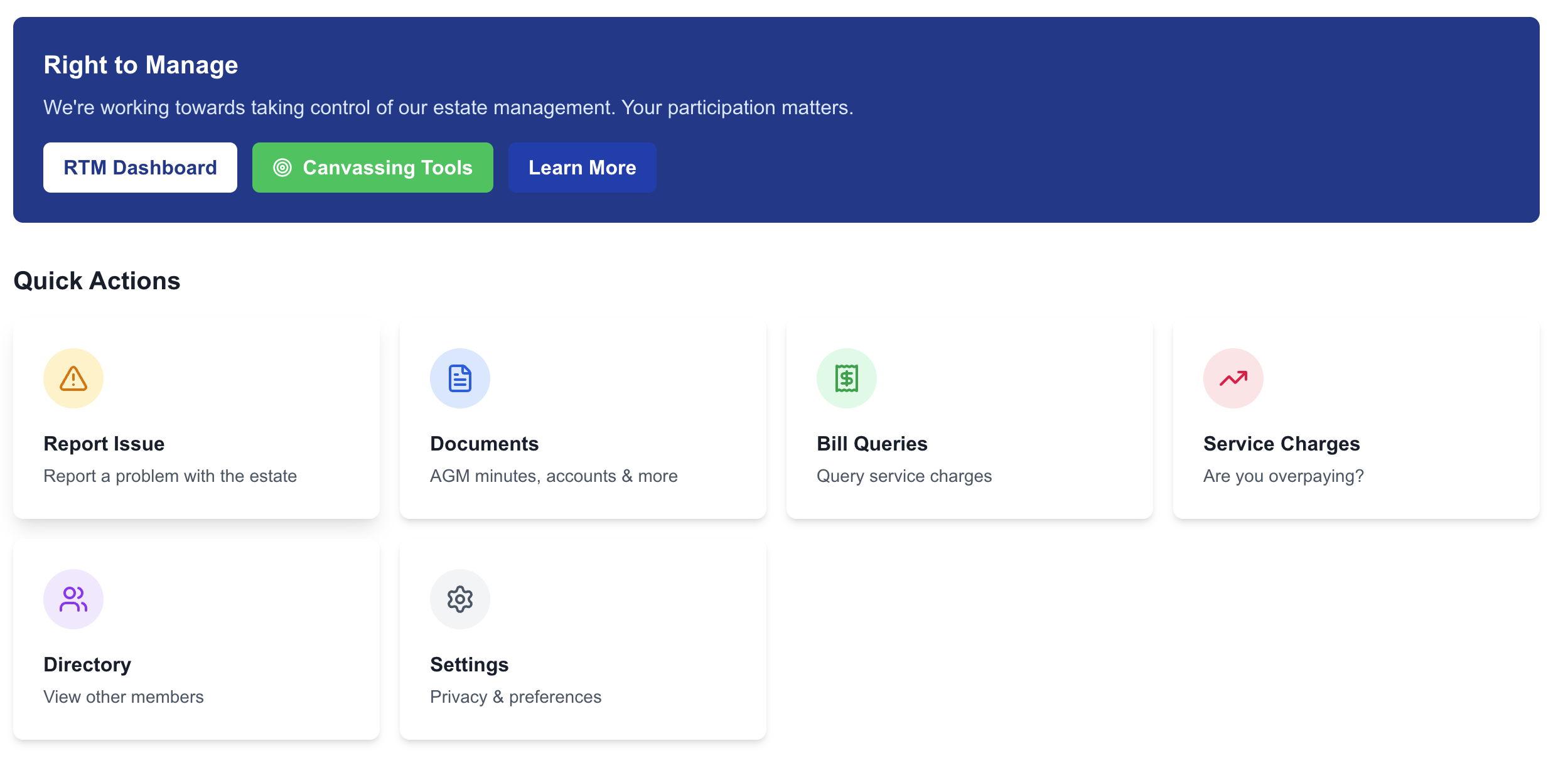 Right to Manage resident portal dashboard, built by a workshop participant