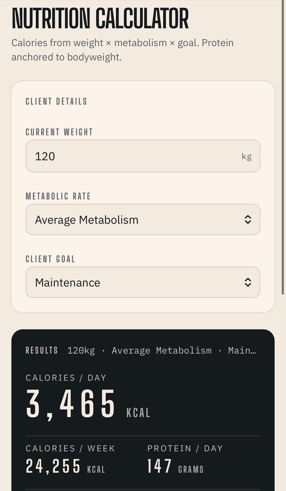 Nutrition calculator showing daily calorie and protein targets calculated from bodyweight, metabolic rate and goal