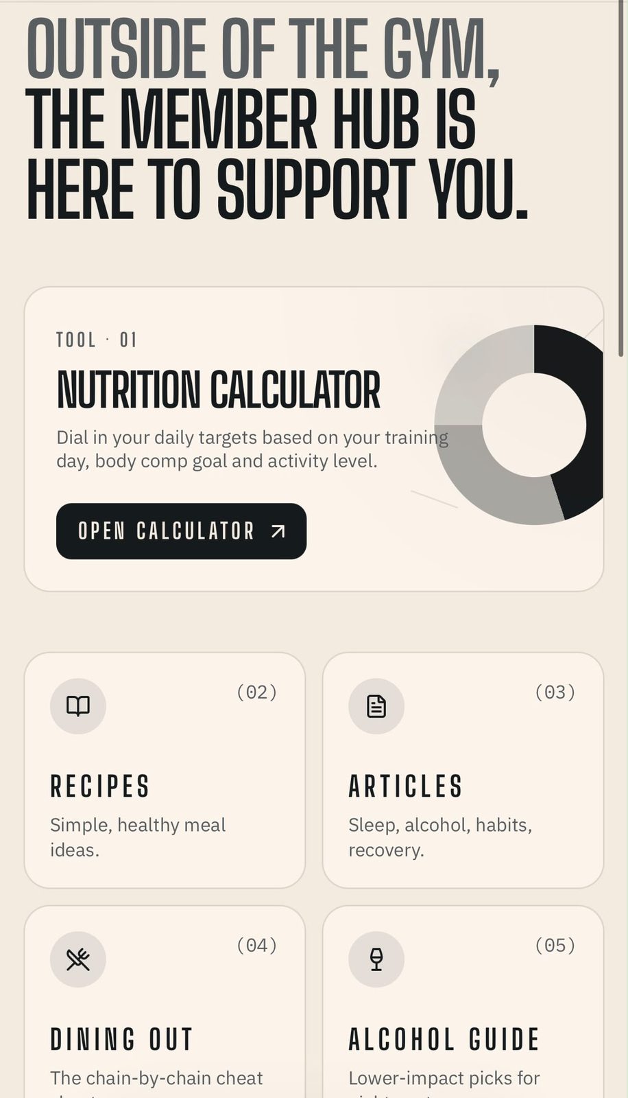 Member hub home screen listing the nutrition calculator, recipes, articles, dining out and alcohol guides, built by a workshop participant