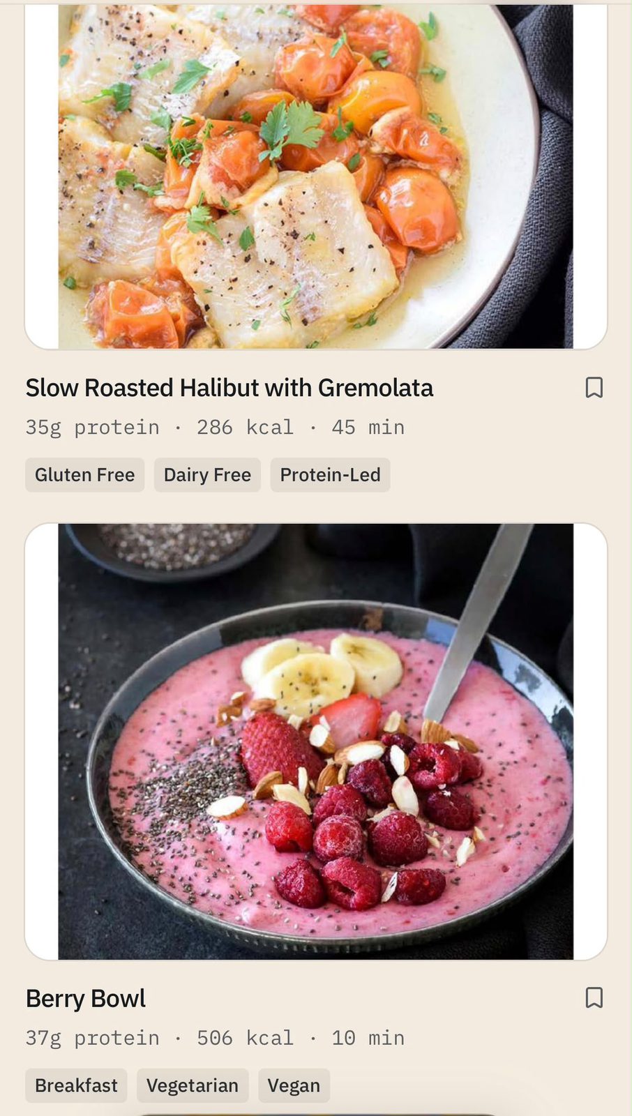 Individual recipe page showing per serving macros, ingredients and method