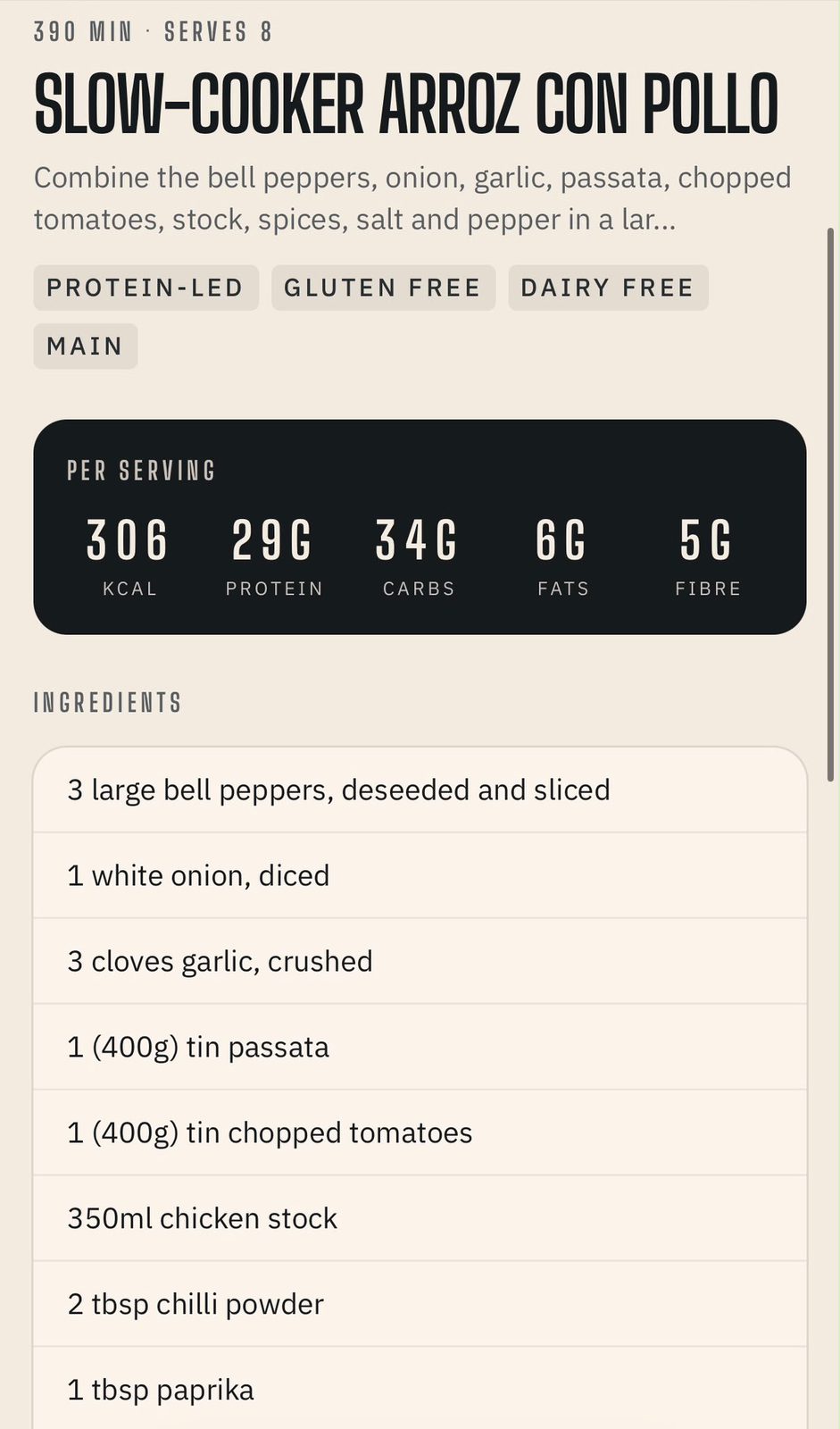 Recipe library listing meals with protein, calorie and prep time figures and dietary tags