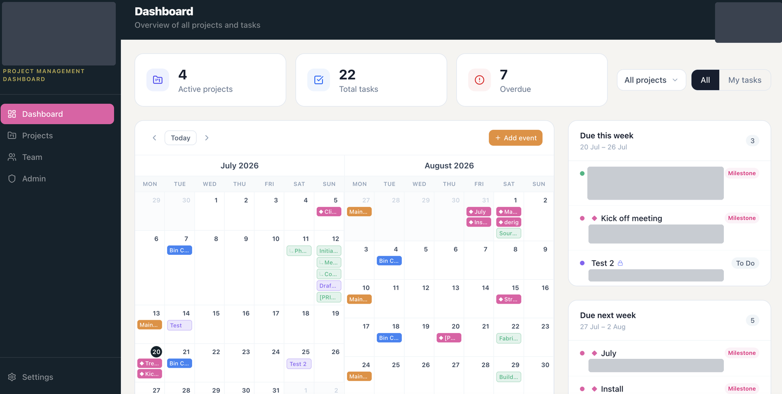 Project management dashboard showing active project and task counts, a two month calendar, and due this week and due next week panels